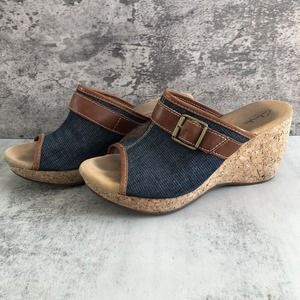 Clarks Sandals Womens 9.5 Brown Elements Platform Cork Wedge Heel Denim Slide